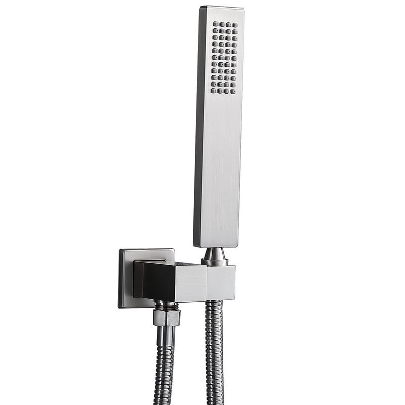 Enga Solid Brass High Pressure Hand Held Shower Wand Square Head with Adjustable Supply Elbow Wall Connector Shower Holder and Hose Set, Brushed Nickel - Image 1